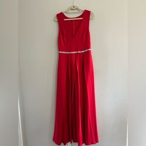 Red Sleeveless V-Neck Long Gown Silver Rhinestone Belt with Pockets Dress